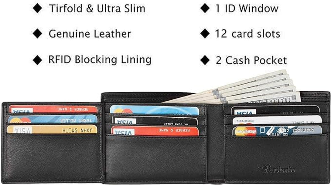 Travelambo Wallet for Men, Trifold RFID Blocking Mens Wallet, 12 Credit Card Holder Minimalist Front Pocket, Leather Slim Wallet with ID Window