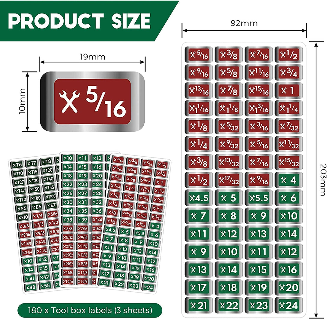 180 Pcs Tool Box Labels Stickers and Decals Wrench Size Chrome Socket Labels Foil for Socket Sets Tools, 3 Colors