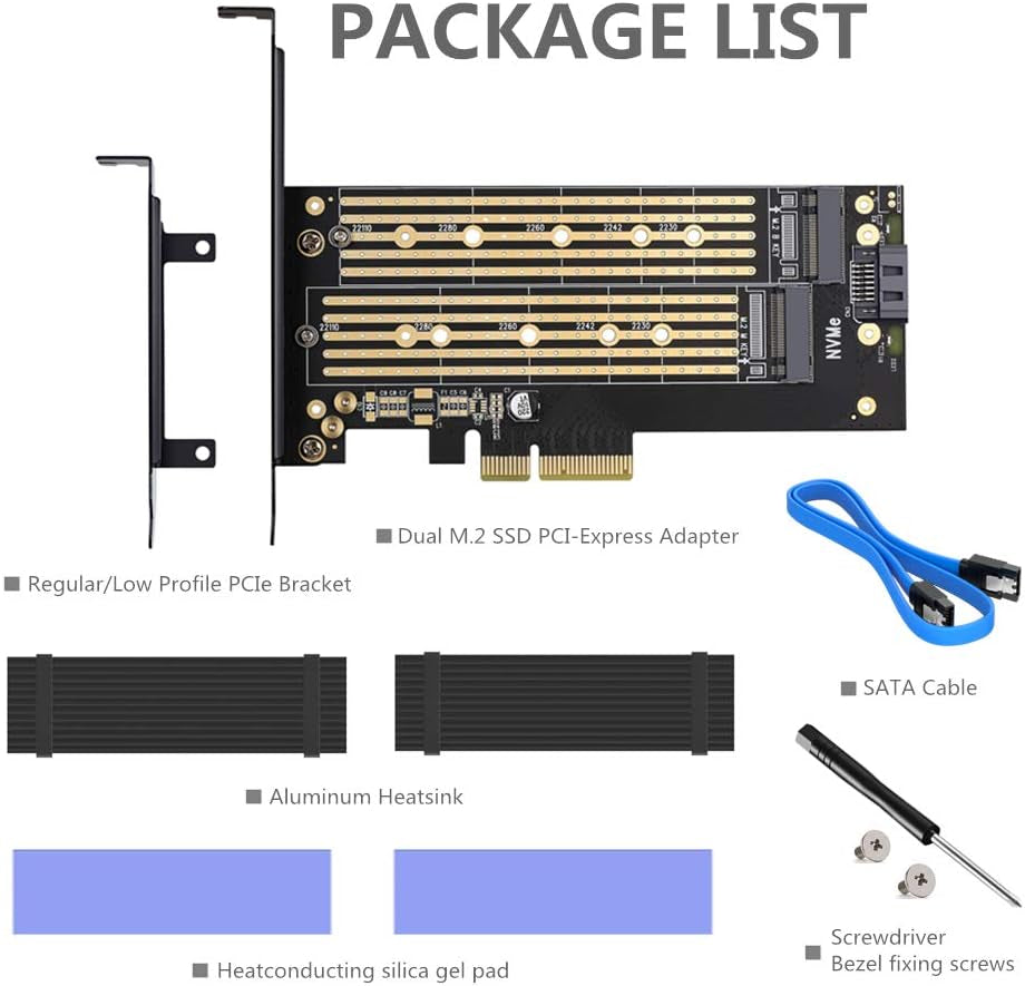 Dual M.2 PCIE Adapter for SATA or PCIE Nvme SSD with Advanced Heat Sink Solution,M.2 SSD NVME (M Key) and SATA (B Key) 22110 2280 2260 2242 2230 to Pci-E X 4 Host Controller Expansion Card