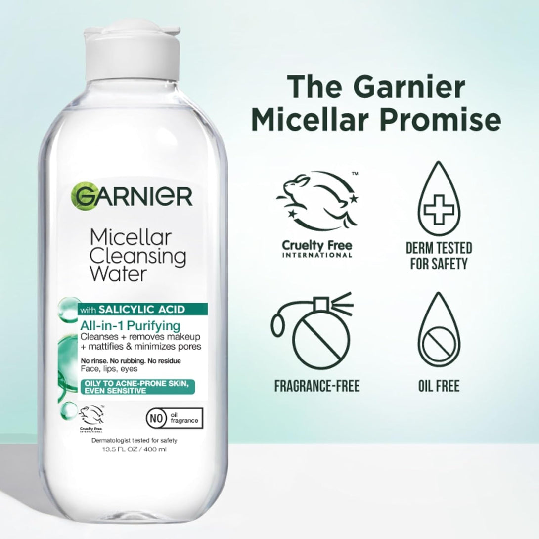 Garnier Micellar Water with Salicylic Acid, All-In-1 Mattifying Facial Cleanser and Makeup Remover for Oily and Acne Prone Skin, 13.5 Fl Oz