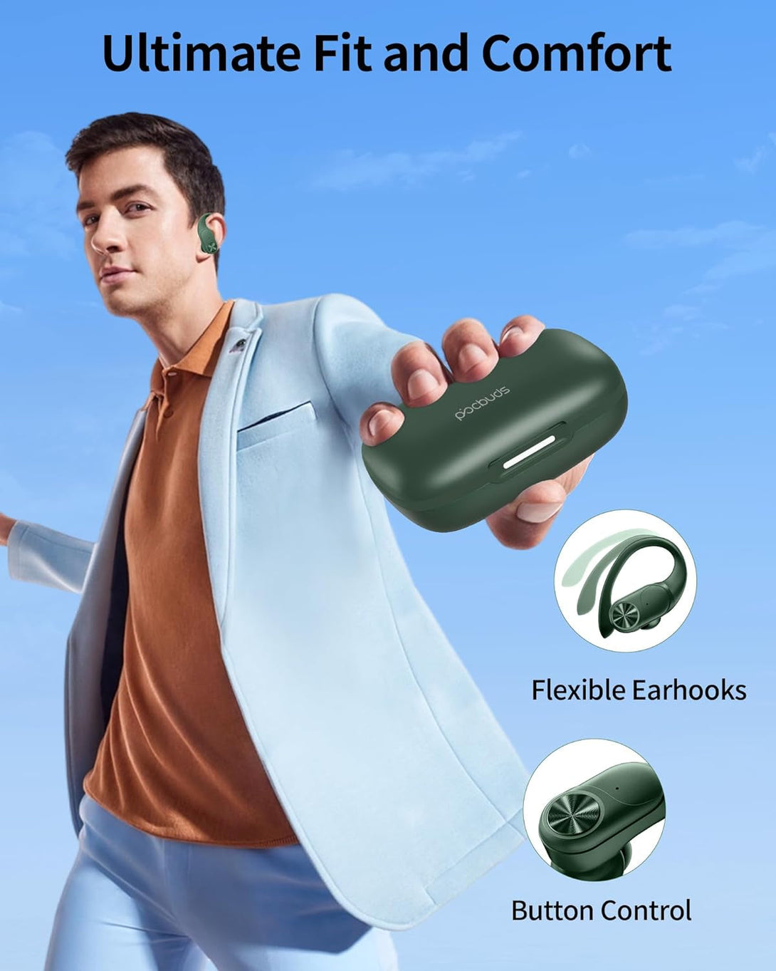 Pocbuds Bluetooth Headphones Wireless Earbuds 80Hrs Playtime Wireless Charging Case Digital Display Sports Ear Buds with Earhook Deep Bass IPX7 Waterproof Over-Ear Earphones for TV Phone Laptop Olive