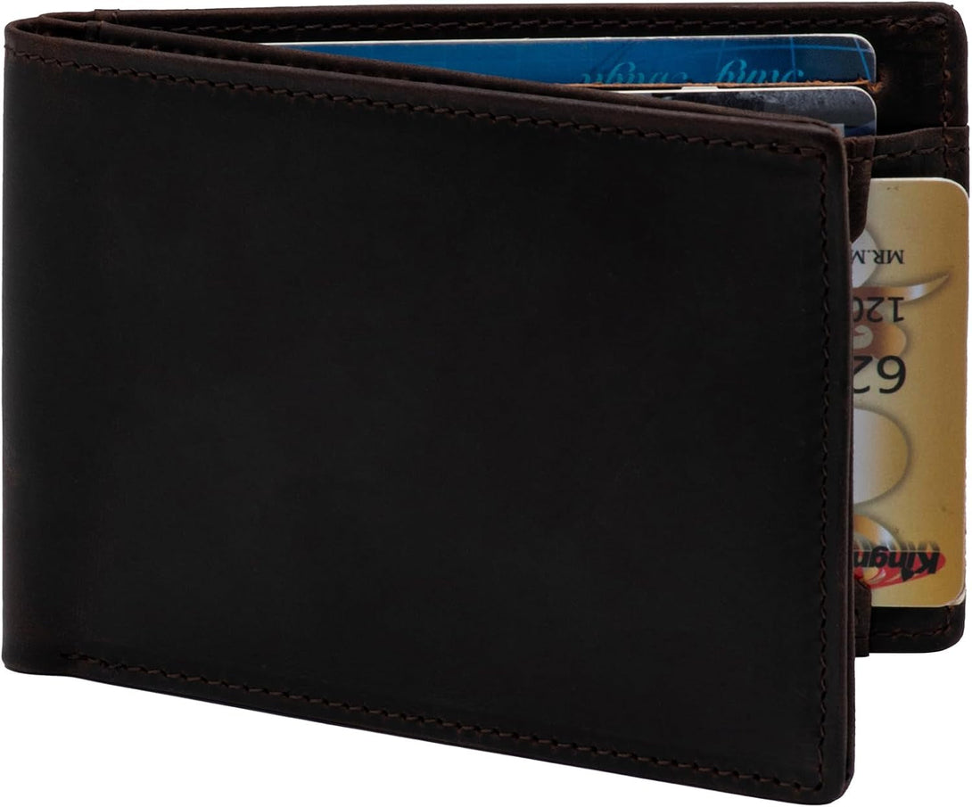 Mens Bifold Crazy Horse Leather Wallet, Slim Minimalist RFID Blocking Genuine Leather Wallet for Men with ID Window and 8 Cards Slot（Dark Brown）