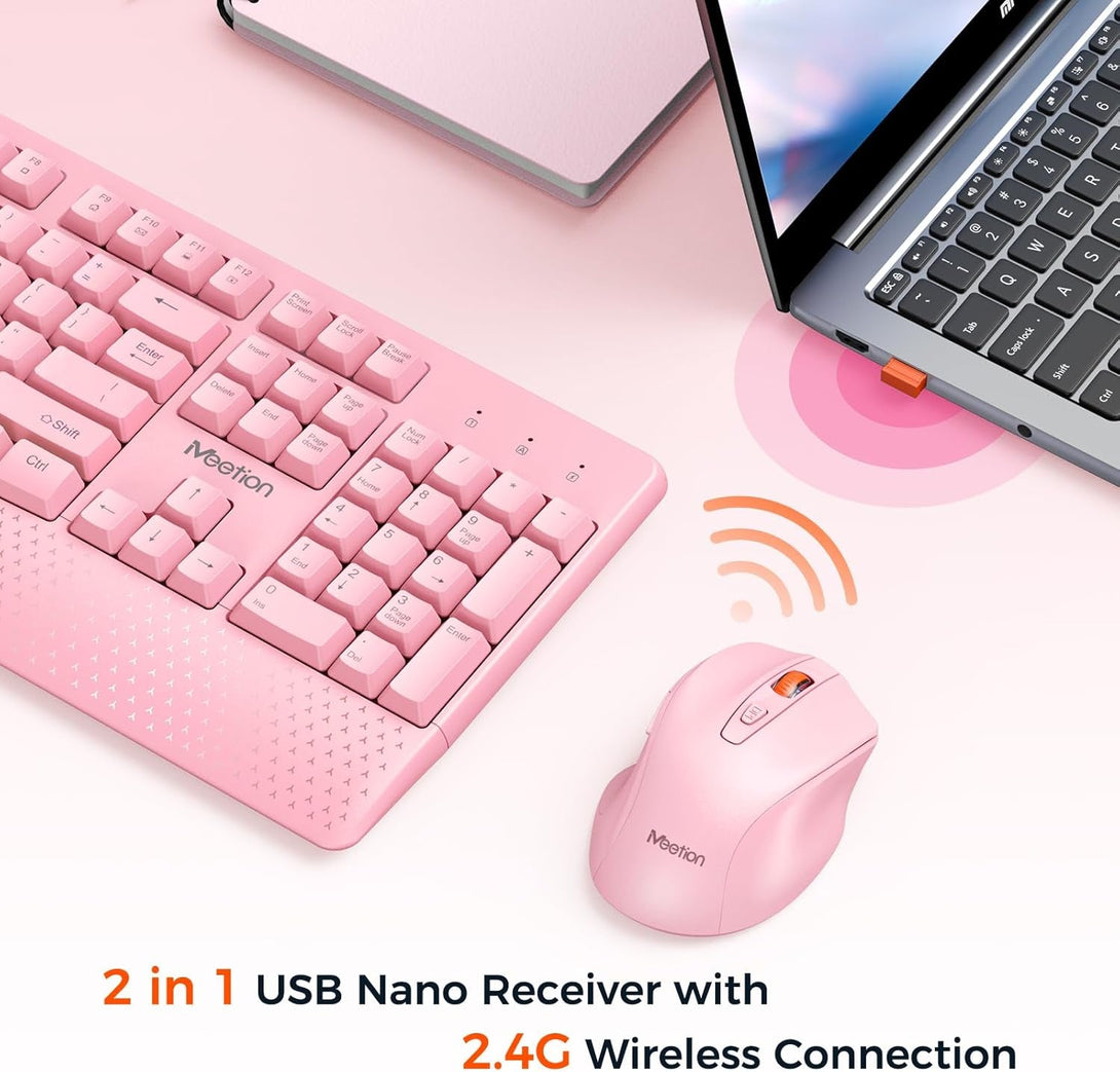 MEETION Wireless Keyboard and Mouse, Full-Sized Cordless Keyboard with Wrist Rest and 3 DPI Adjustable Mouse, 2.4G Wireless, Compatible with Pc/Computer/Laptop/Windows/Mac, Pink