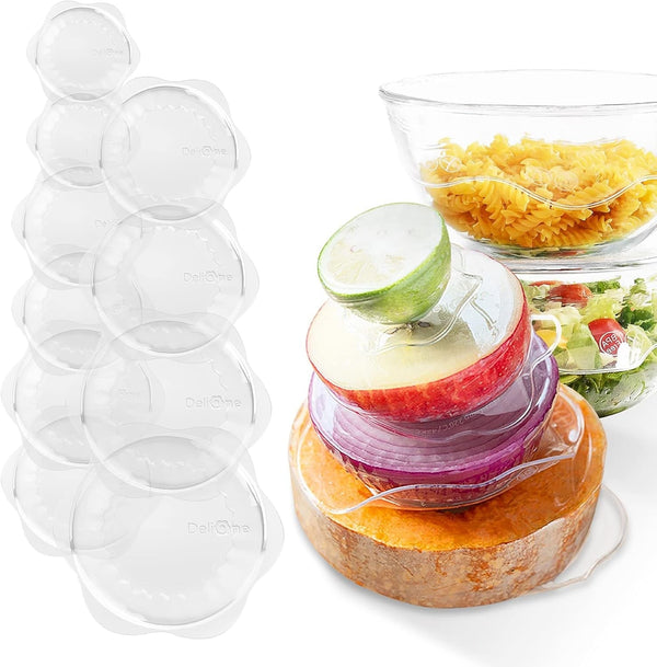 Delione Silicone Stretch Lids for Kitchen Food Storage – Durable, Reusable + Expandable Bowl Covers for Cup or Square Containers, Freezer, Microwave, and Dishwasher Safe,10-Pack, Clear