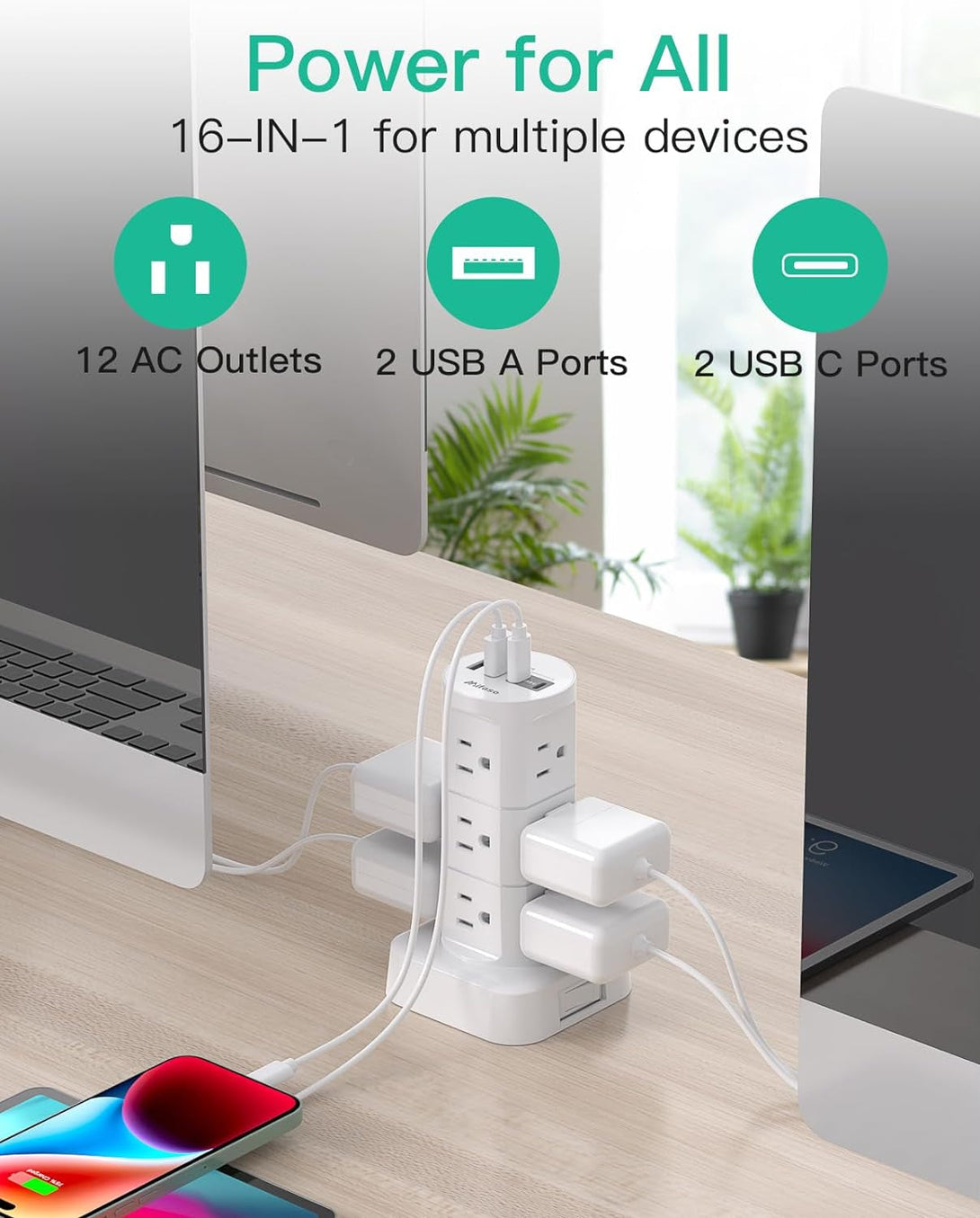 Power Strips with Surge Protection, Flat Plug Power Strip with 12 Outlets 4 USB Ports, Surge Protector Tower 1875W/15A 1080J, 6Ft Extension Cord with Multiple Outlets, Office Supplies, Dorm Essentials
