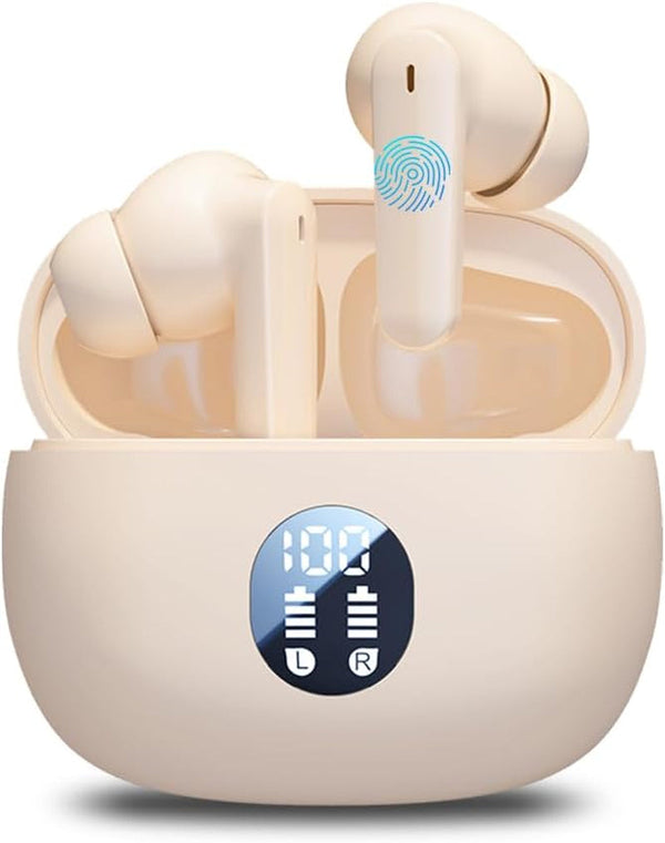 Wireless Earbuds Bluetooth, Ear Buds with Deep Bass, 48H Long Playtime, Power Display, IPX7 Waterproof in Ear Earphone with Mic for Phone Tablet Sports Workout (Off White)