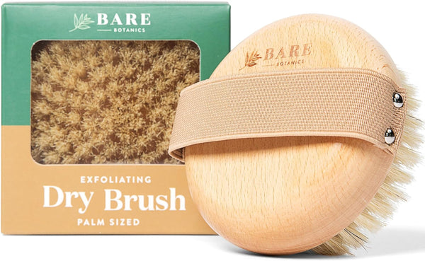 Bare Botanics Dry Body Brush for Lymphatic Drainage - Improve Circulation W/Gentle Exfoliation for Soft Skin - Ergonomically Designed W/Elastic Strap - Soft but Firm Natural Boar Bristles