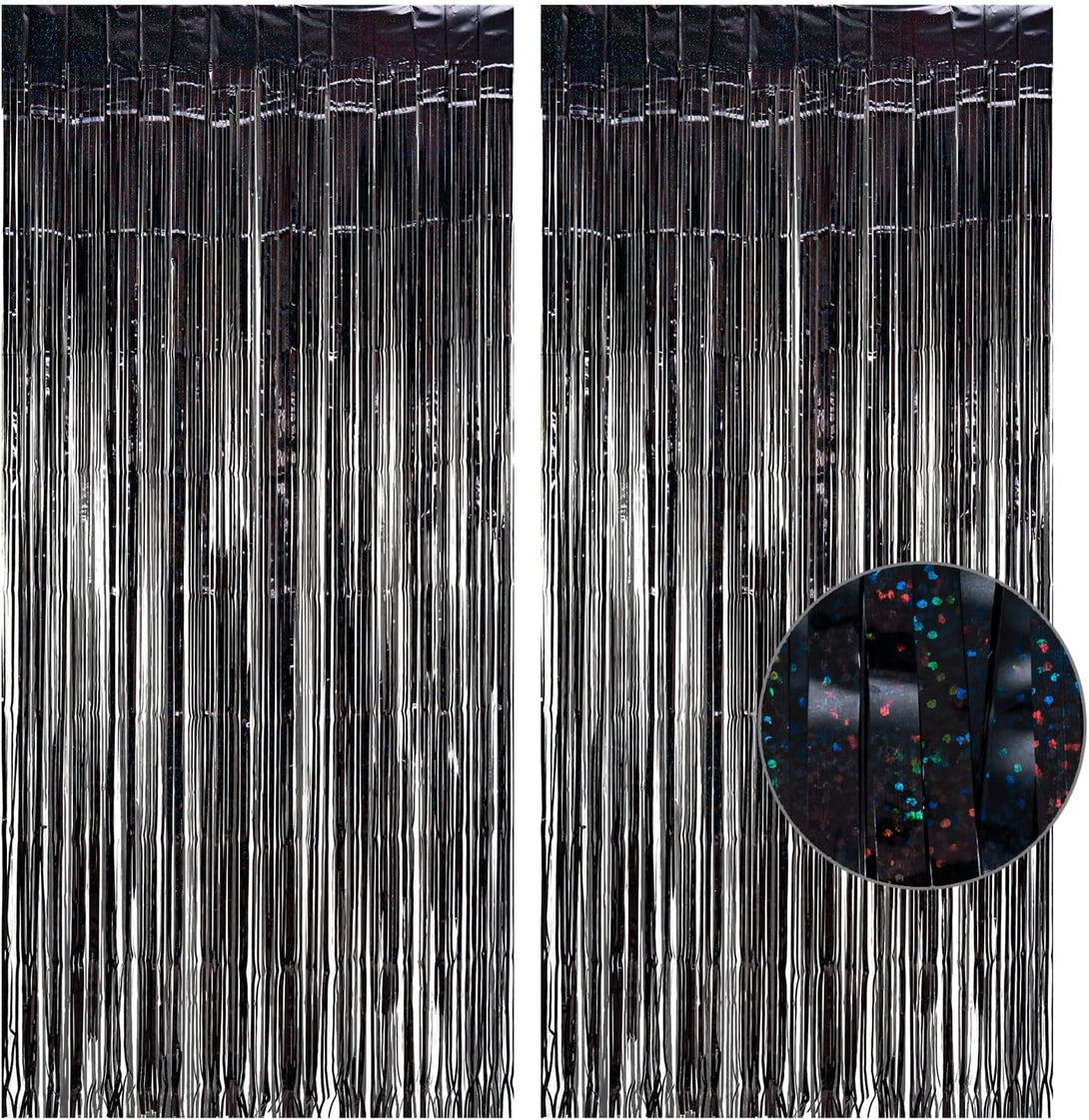 Black Tinsel Curtain Party Backdrop - GREATRIL Party Streamers Backdrop Foil Fringe Curtains for Birthdays/Wizard Halloween Decorations - 1M X 2.5M - Pack of 2