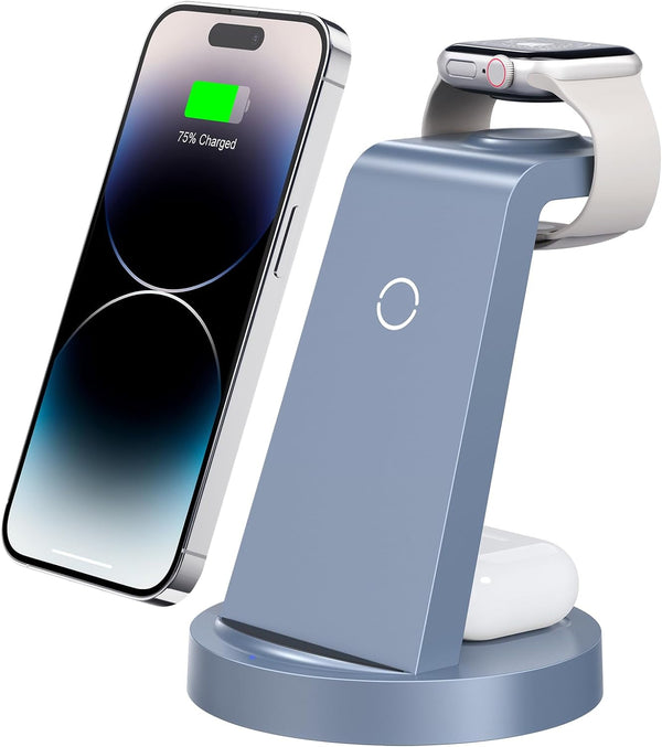 3 in 1 Charging Station for Iphone, Wireless Charger for Iphone 16E 16 15 14 13 12 11 X Pro Max & Apple Watch - Charging Stand Dock for Airpods (Blue)