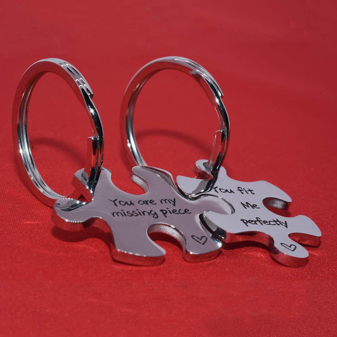 Valentine'S Day His and Hers Puzzle Piece Pendant Necklace Keychain Set Personalized Couples Stamped Chain Keyring