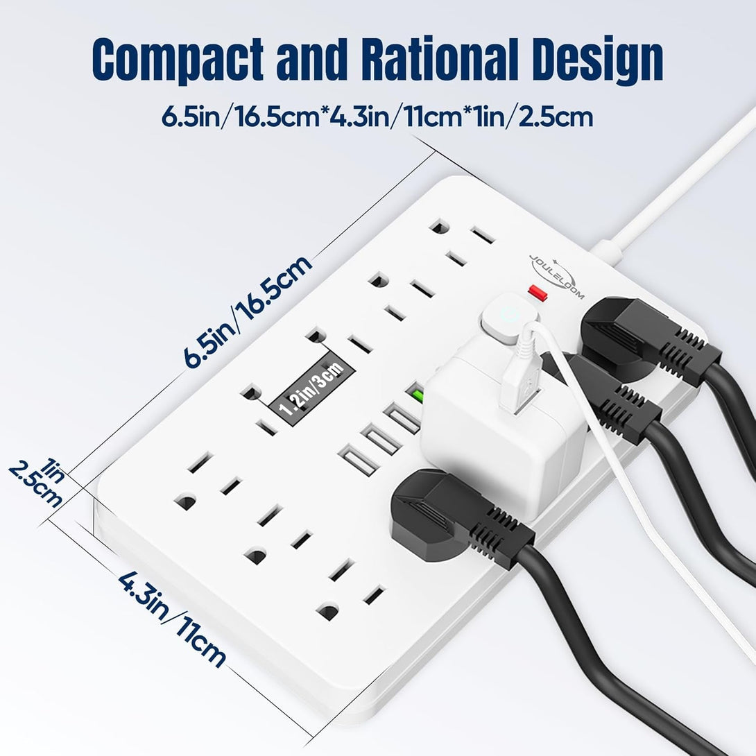 6 FT Flat Plug Surge Protector Power Strip,11 Multiple AC Outlets with 6 USB Ports (2 USB C), 6 Feet Extension Cord, 1250W/10A, One Touch Switch Button, 17 in 1 Compact Powerstrip-White