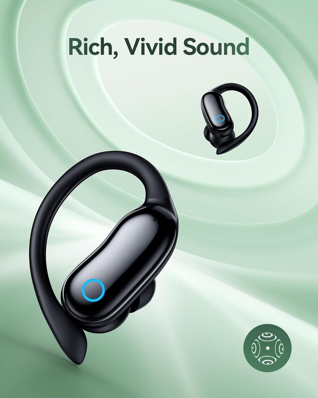 GNMN Ear Buds Wireless Earbuds 96Hrs Playback Bluetooth Headphones IPX7 Waterproof Stereo Bass Over-Ear Earphones with Earhooks Microphone LED Battery Display for Sports/Workout/Gym/Running Black