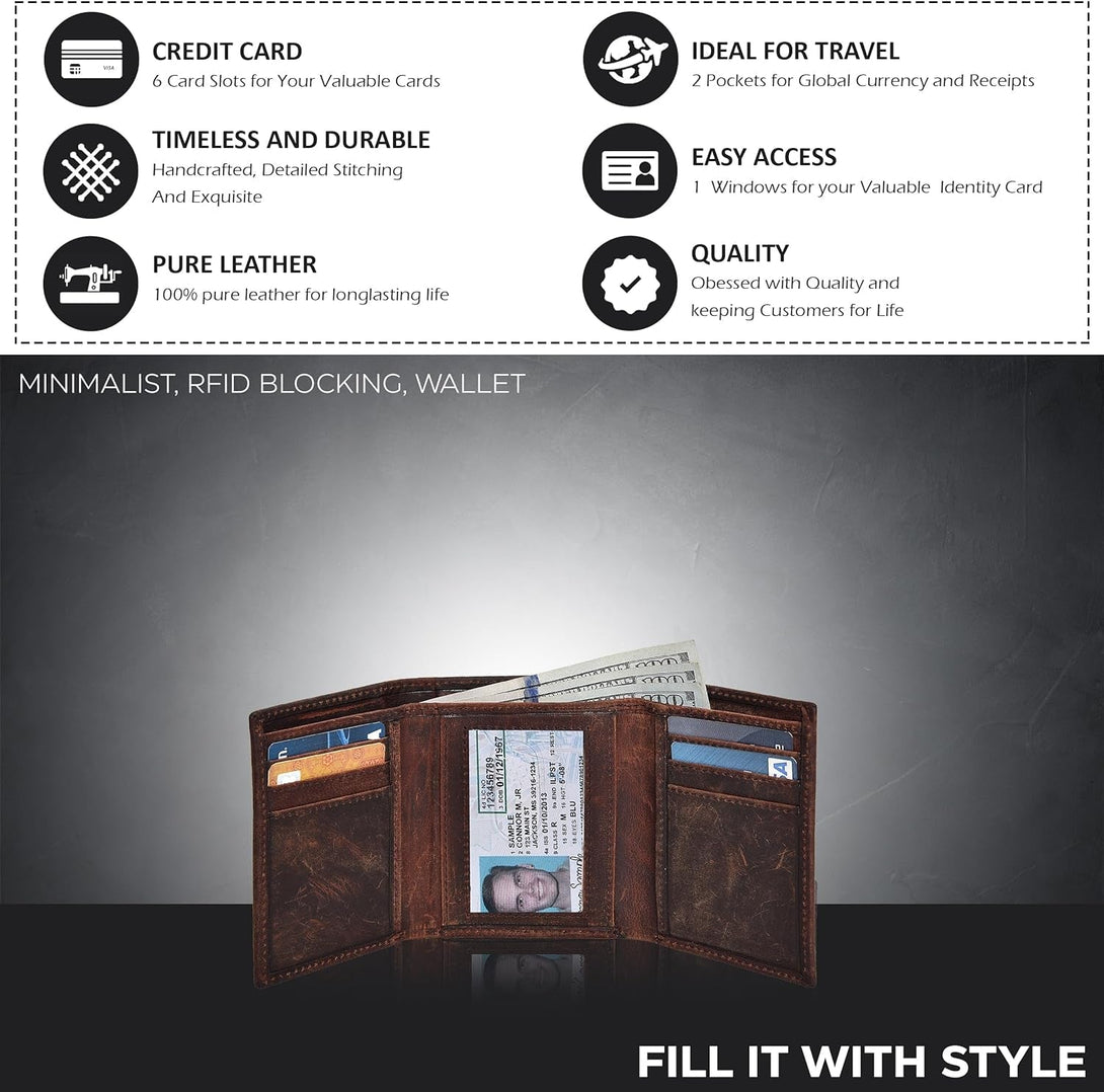 Real Leather Trifold Wallet for Men - RFID Wallets Slim 9 Credit Card Holder 2 ID Compartment Gift for Men