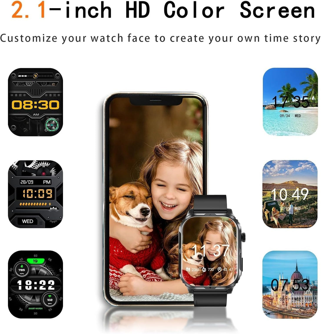 Smart Watch for Men Women with 2.1" HD Screen Military Watches, Call & Text for Android Ios, Heart Rate & Activity Tracker, IP68 Waterproof, 100 Sport Modes