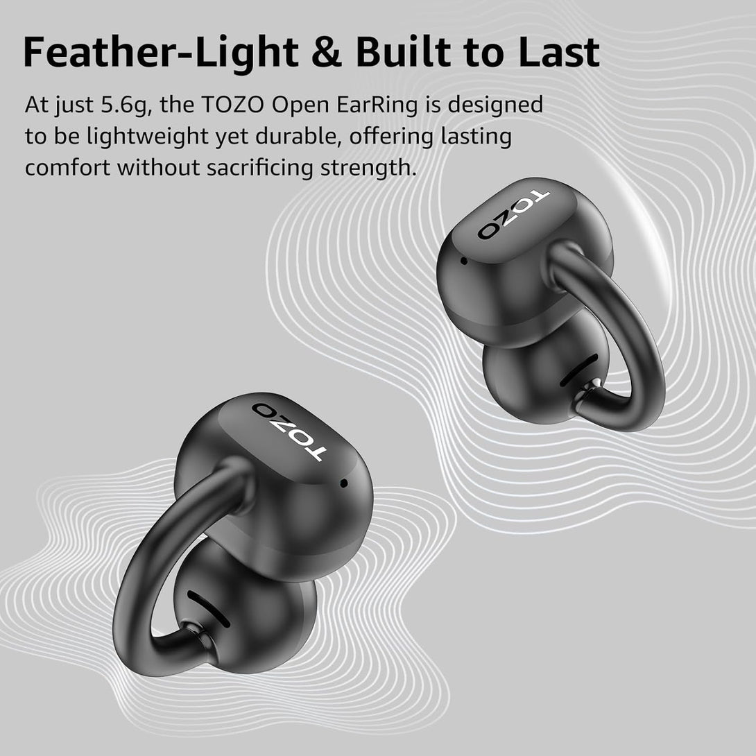 TOZO Openearring True Open Ear Headphones, Lightweight Comfort Open Ear Clip Wireless Earbuds, 40H Play Bluetooth 5.4 Headphones with Smart Digital Display Design Fit Sports Running, Workout Black