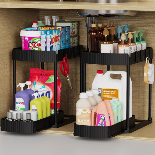 2 Pack Multi-Purpose Pull-Out Storage Organizers, under Sink Organizers and Storage for Bathroom & Kitchen, under Cabinet Organizers and Storage, 12.8 Inch, Black