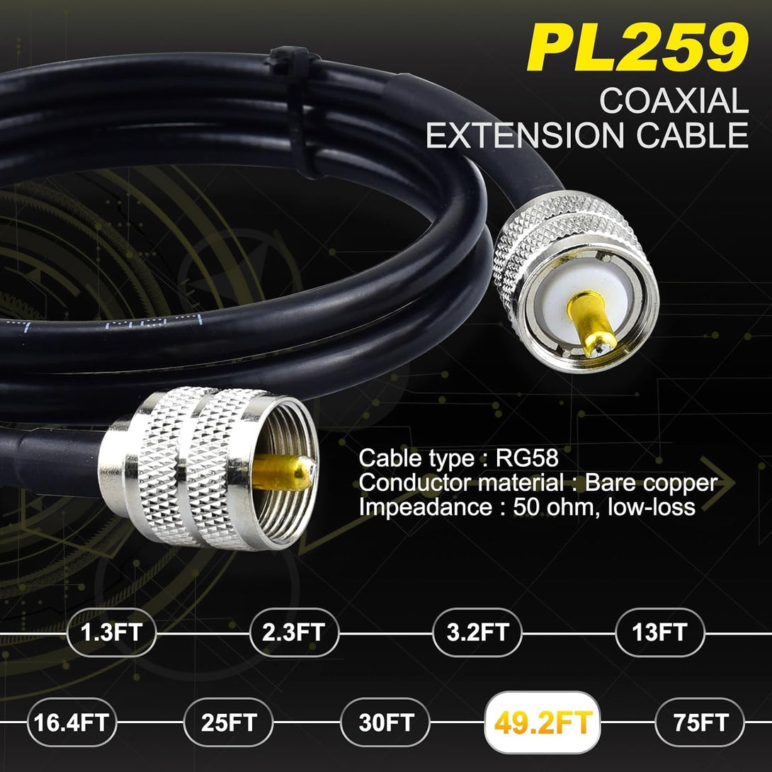 RG58 Coaxial Cable 49.2Ft, CB Coax Cable, UHF PL259 Male to Male Coaxial 50 Ohm Coax Low Loss for HF VHF CB Radio, Ham Radio, SWR Meter, Scanner, Antenna Analyzer