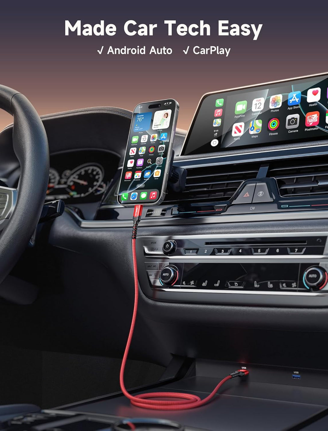 JSAUX USB C Cable [2-Pack 6.6Ft], USB a to USB Cord 3.1A Fast Charging Compatible with Iphone 16/16 Plus/16 Pro/16 Pro Max/Iphone 16E/Iphone 15 Series, Samsung S20 S10 S9, Note 20 10, Car Play - Red