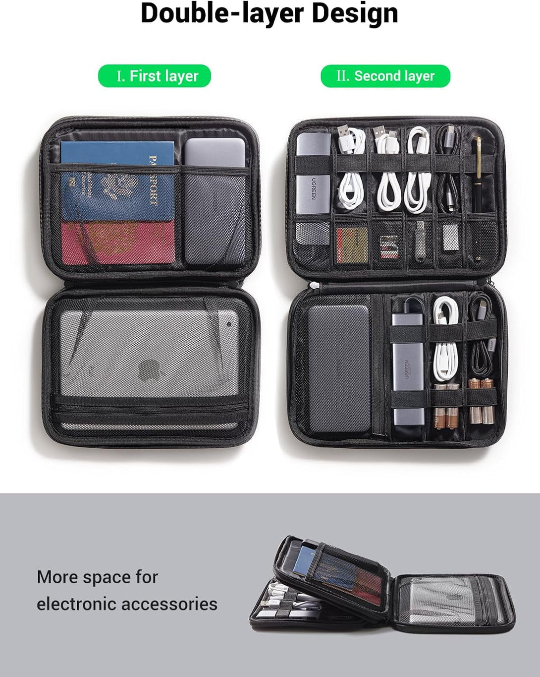 UGREEN Electronic Organizer Travel Cable Organizer Storage Bag for Data Cables, USB C Charger, SD Card, Hard Drive, Charging Cord, Mouse, Power Bank, Phone, Power Adapter Plug Electronics Accessories