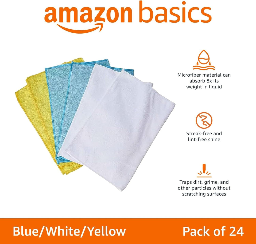 Amazon Basics Microfiber Cleaning Cloths, Ultra Absorbent, Lint Free, Streak Free, Non-Abrasive, Reusable and Washable, 16" X 12", Blue/White/Yellow, Pack of 24