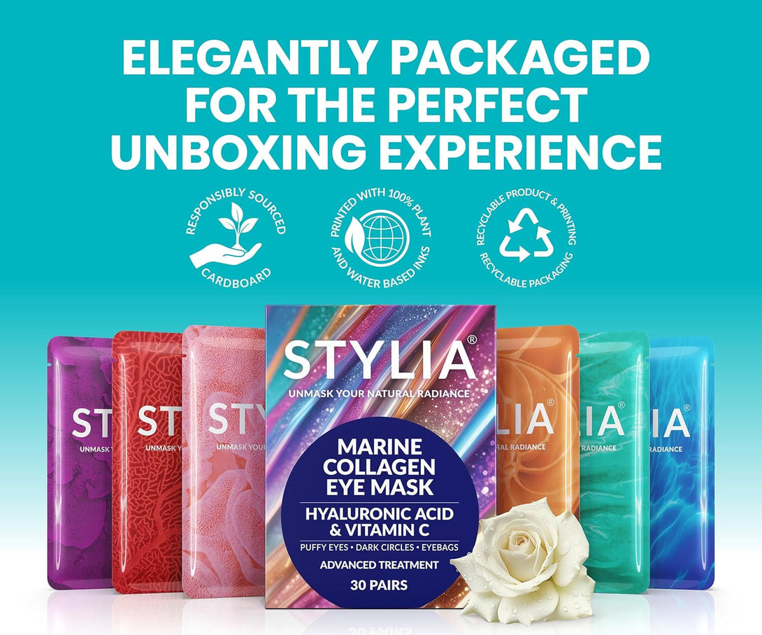 Stylia under Eye Patches for Puffy Eyes and Dark Circles (30 Pairs) - Marine Collagen under Eye Mask with Vitamin C, Hyaluronic Acid, Pearl Extract - Eye Masks for Dark Circles and Puffiness