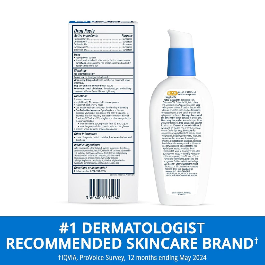 Cerave AM Facial Moisturizing Lotion with SPF 30, Oil-Free Face Moisturizer with SPF, Formulated with Hyaluronic Acid, Niacinamide & Ceramides, Non-Comedogenic, Broad Spectrum Sunscreen, 3 Ounce