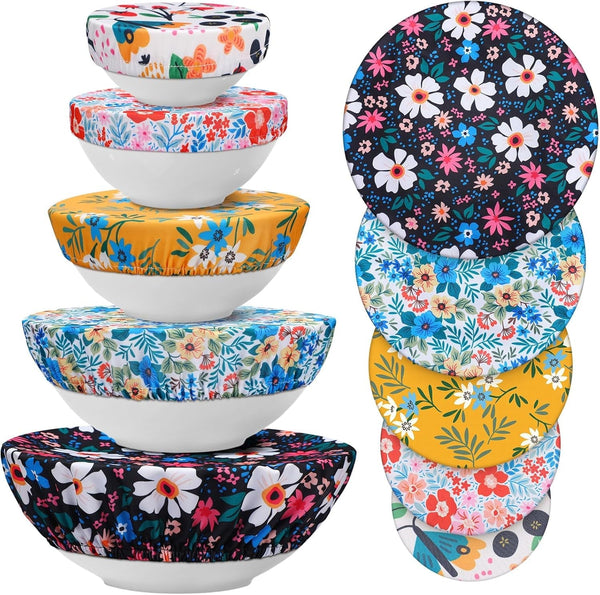 10 Pack Cloth Bowl Covers for Bread Rising Reusable Fabric Bowl Covers 5 Size Stretch Elastic Food Storage Container Covers Cotton Bread Bowl Covers Reusable Lids for Food, Fruits, Leftover(Flower)