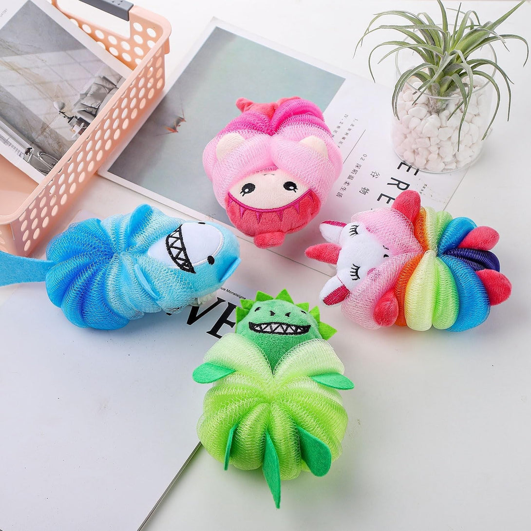 4 Pack Fun Bubble Bath Kid Loofahs, Cute Animal Loofah Bath Sponge, Shower Puffs Body Scrubber, Cute Sponges
