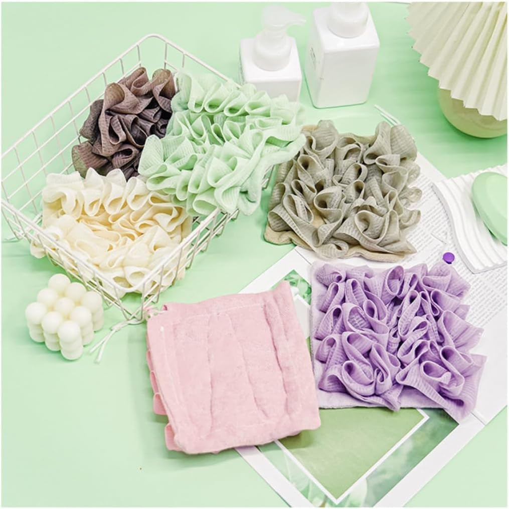 Washcloth Loofah Combo 2-In-1 Loufee Washcloth That Holds Bar Soap-Exfoliation Mesh Shower Ball for Body Wash & Smooth Skin+Free Loofah Dish Towel (Six Colors One Each)