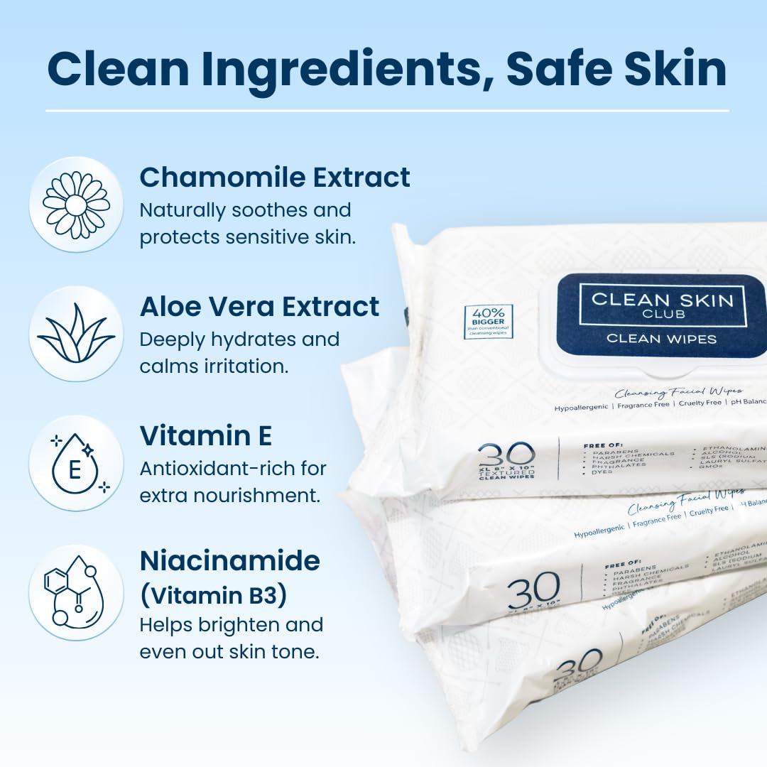 Clean Skin Club XL Premium Face Wipes, 40% Larger than Normal Wipes, Extra Moist Makeup Removing Towelettes, 30 Count, Facial Cleansing Cloth, Fragrance Free, No Alcohol or Chemicals