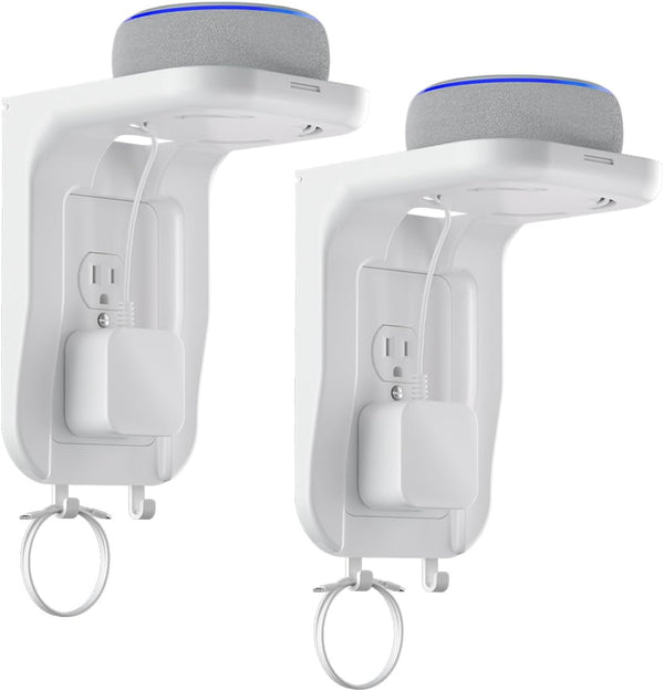 Suptek Wall Outlet Shelf 2 Pack,Home Wall Shelf Organizer for Outlets,Perfect for Bathroom, Kitchen, Bedrooms,Hold Cell Phone,Speaker up to 20Lbs,With Cable Management and Detachable Hooks,White(S3W2)