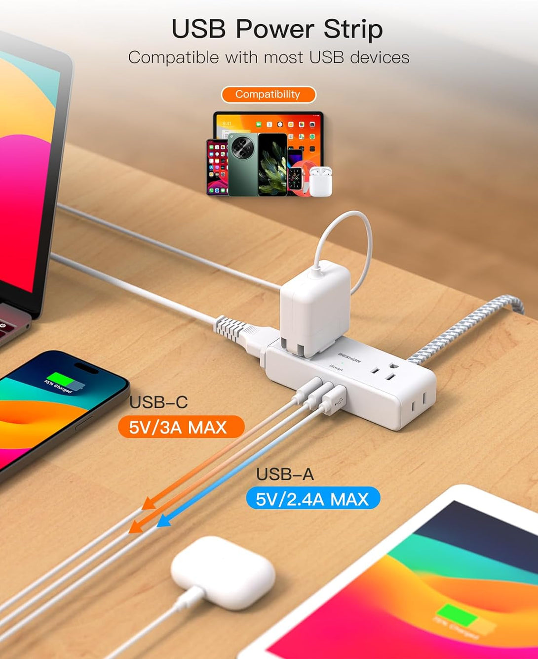 Flat Extension Cord 6 Feet, Flat Plug Power Strip, 4 Widely Outlets with 3 USB Ports (2 USB C), 3 Side Outlet Extender with Extension Cord with Multiple Outlets for Home, Office, Dorm Room Essentials