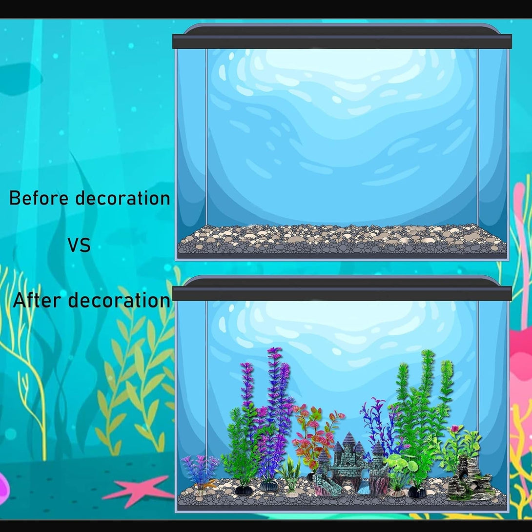 13 Pieces Aquarium Decorations Kit, Fish Tank Decorations Set Small Resin Castle and Rockery Betta Fish Cave Hideout Coral Artificial Plastic Plants Ornament Accessories