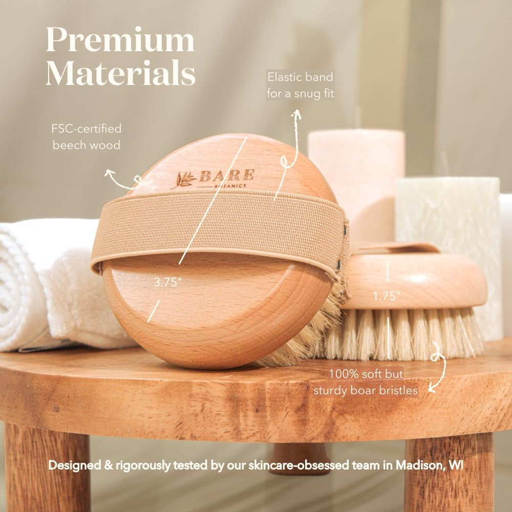 Bare Botanics Dry Body Brush for Lymphatic Drainage - Improve Circulation W/Gentle Exfoliation for Soft Skin - Ergonomically Designed W/Elastic Strap - Soft but Firm Natural Boar Bristles