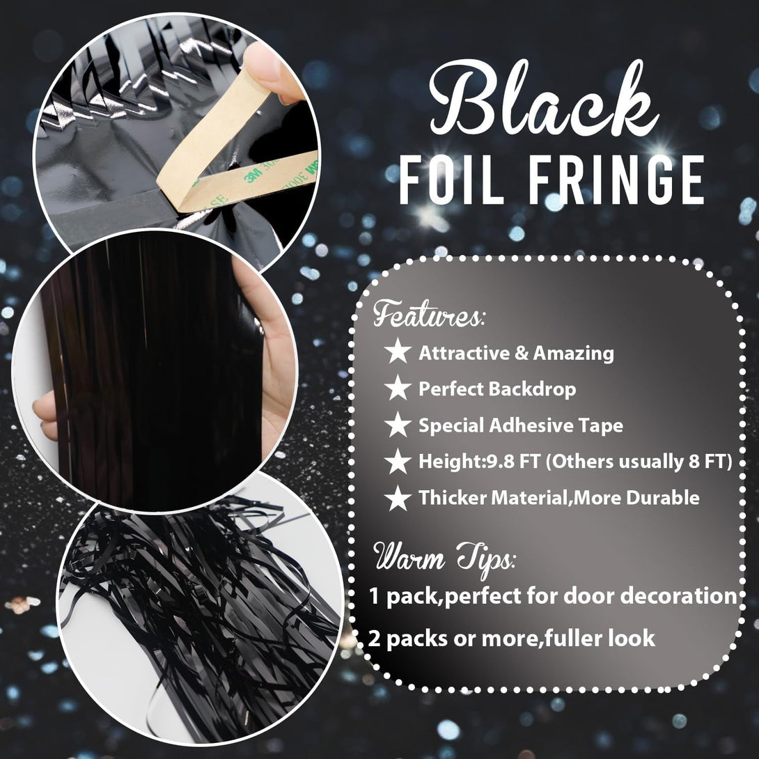 GOER 3.2 Ft X 9.8 Ft Black Photo Backdrop Party Streamers for Halloween,Birthday Party,1 Pack Black Metallic Tinsel Foil Fringe Curtains Party Decorations Wedding Decor