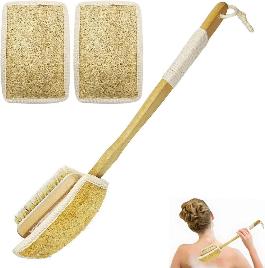 Loofah on a Stick, Back Scrubber for Shower，Long Handle Dual-Sided Body Brush, Exfoliator for Bath or Dry Brush，Deep Cleansing of Skin.