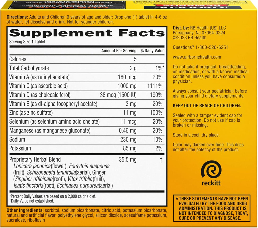 Airborne Vitamin C 1000Mg (Per Serving) - Zesty Effervescent Tablets, Gluten-Free Immune Support Supplement, Echinacea & Ginger, Orange, Citrus, 30 Count (Pack of 3)