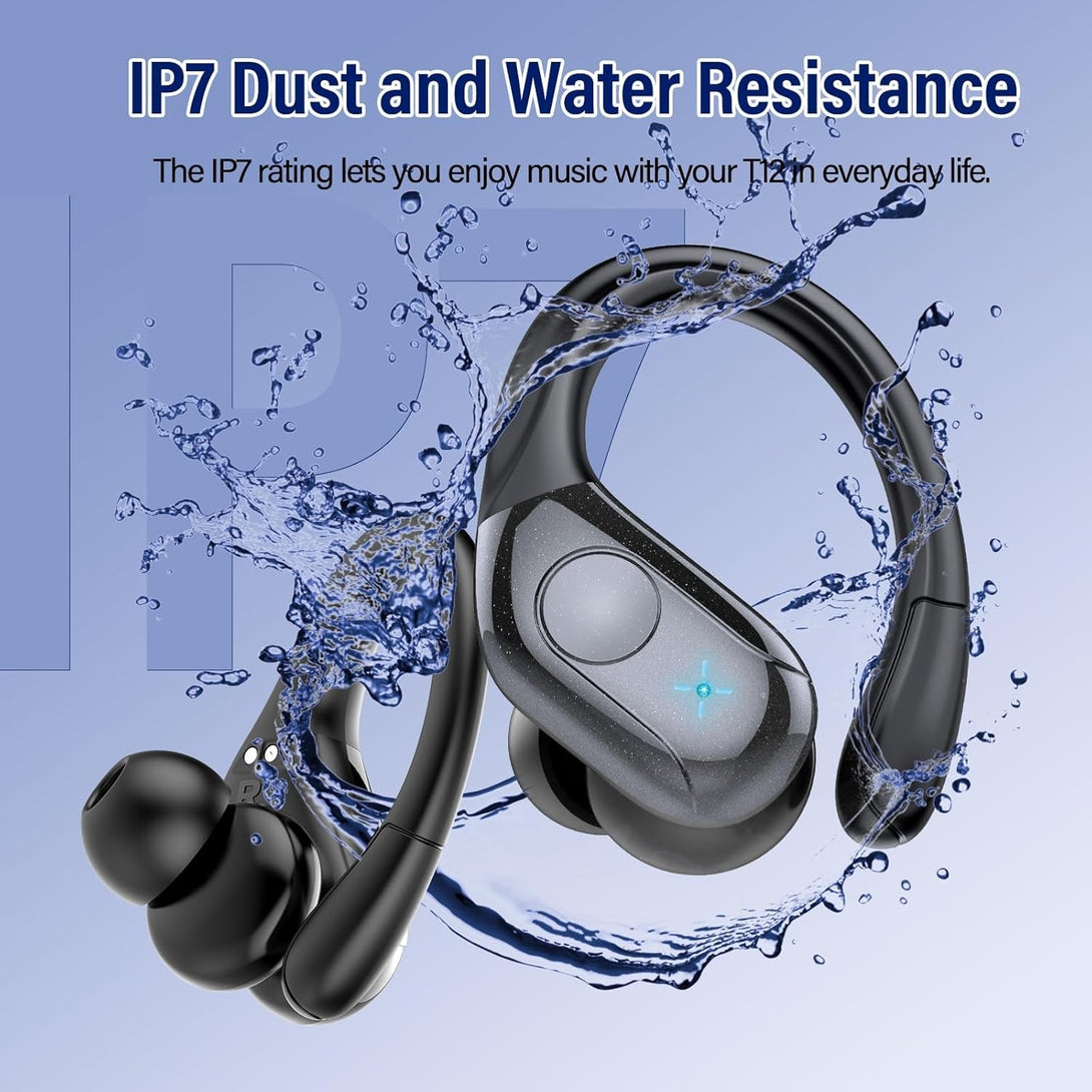 Wireless Earbuds Bluetooth 5.4 Headphones Sports, 75H Stereo Deep Bass over Ear Buds with Earhooks, Bluetooth Earbuds with 4 ENC Mic, LED Display, IP7 Waterproof Earphone for Running, Black
