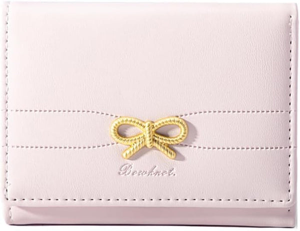 Cute Wallet Coquette Bow Small Wallet Tri-Folded Aesthetic Bifold RFID Blocking Card Holder Leather Mini Short Coin Purse with ID Window for Women Girls Ladies -Pink