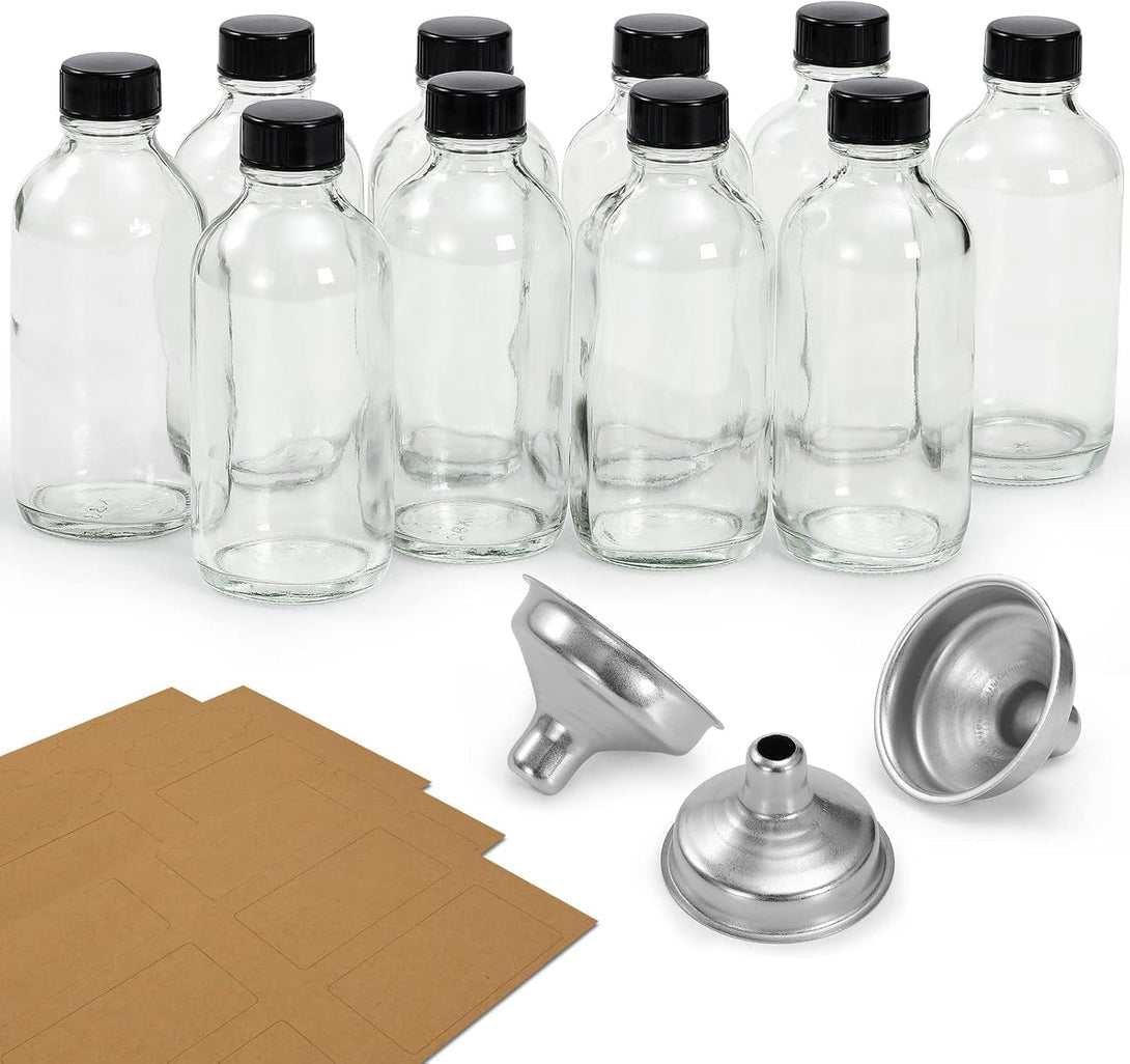10 Pack, 4 Oz Small Clear Glass Bottles W/ Lids & 3 Stainless Steel Funnel - 120Ml Boston round Sample Bottle for Potion, Juice, Ginger Shot, Wellness, Oils, Whiskey, Liquids - Leakproof Travel Bottle