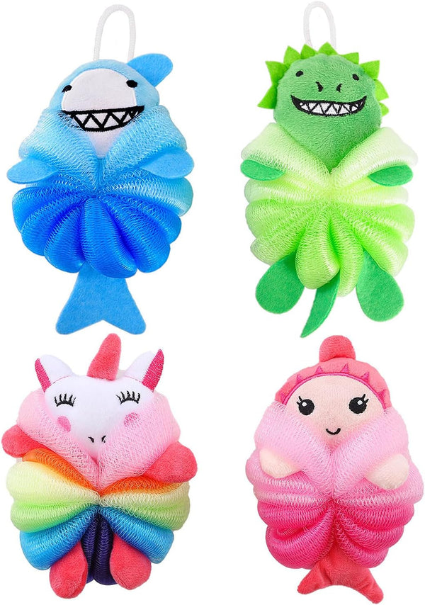 4 Pack Fun Bubble Bath Kid Loofahs, Cute Animal Loofah Bath Sponge, Shower Puffs Body Scrubber, Cute Sponges