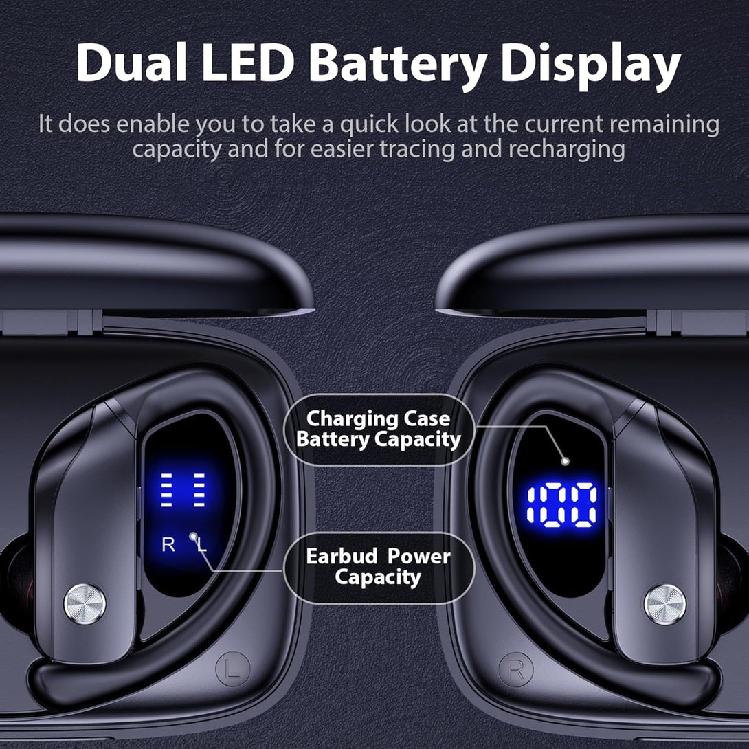 Bmanl Wireless Earbuds Bluetooth Headphones 48Hrs Play Back Sport Earphones with LED Display Over-Ear Buds with Earhooks Built-In Mic Headset for Workout Black