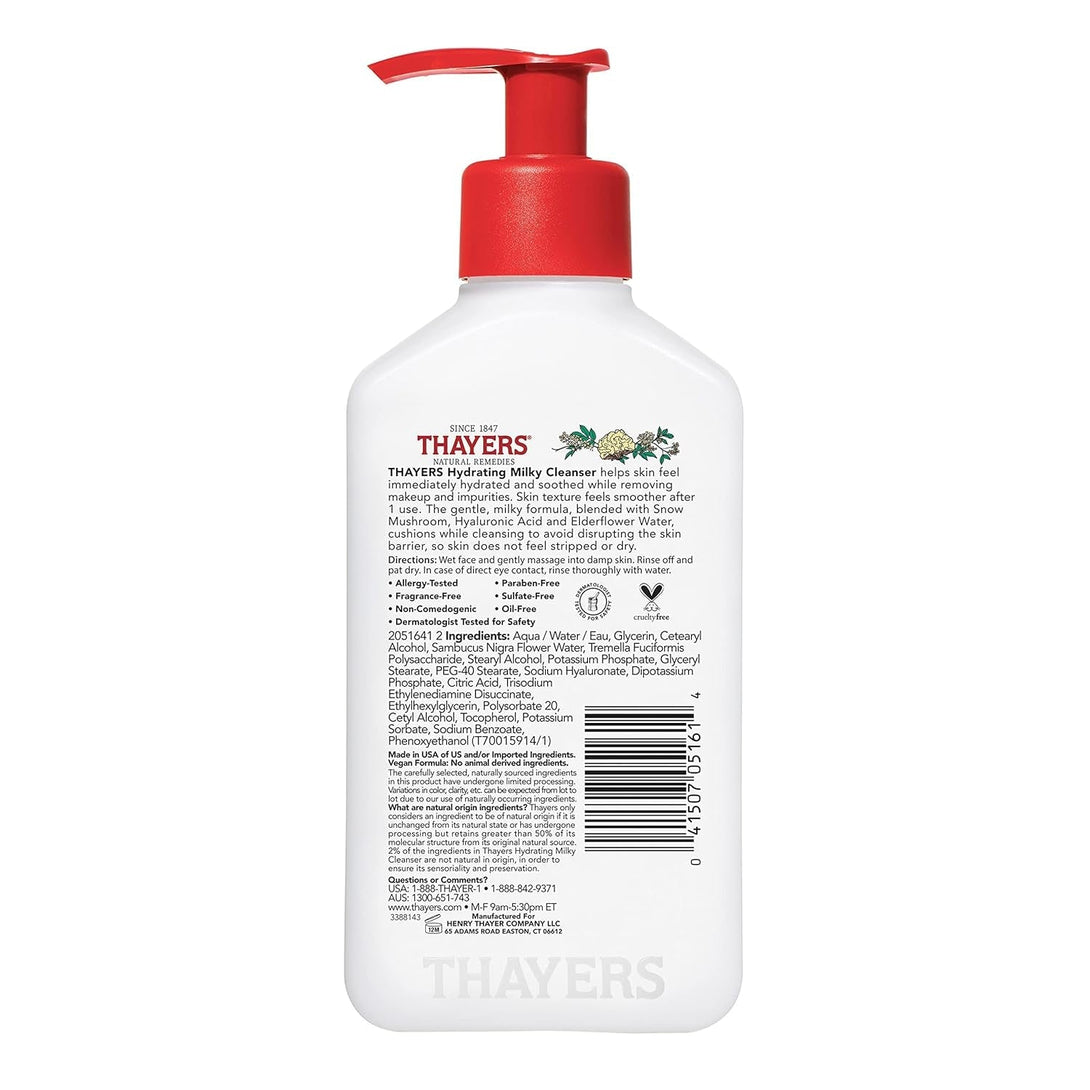 Thayers Milky Face Cleanser with Snow Mushroom, Hyaluronic Acid - Gentle, Hydrating, Dermatologist Recommended for Dry, Sensitive Skin - Paraben Free, 8 Oz
