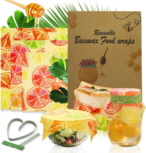 Beeswax Food Wraps Reusable 6-Pack - 3 Sizes + Elastic Storage Wraps for Containers | Reusable Beeswax Bowl Covers & Stretchable Food Wrap | Plastic-Free Storage for Sandwiches, Leftovers, Mason Jars