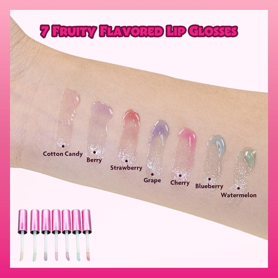 Barbie 7 Piece Plant Based Lip Gloss, Girls Party Favors, First Makeup Set for Girl, Perfect for Parties, Sleepovers, and Birthday Gifts, Ages 3+, by Townley Girl