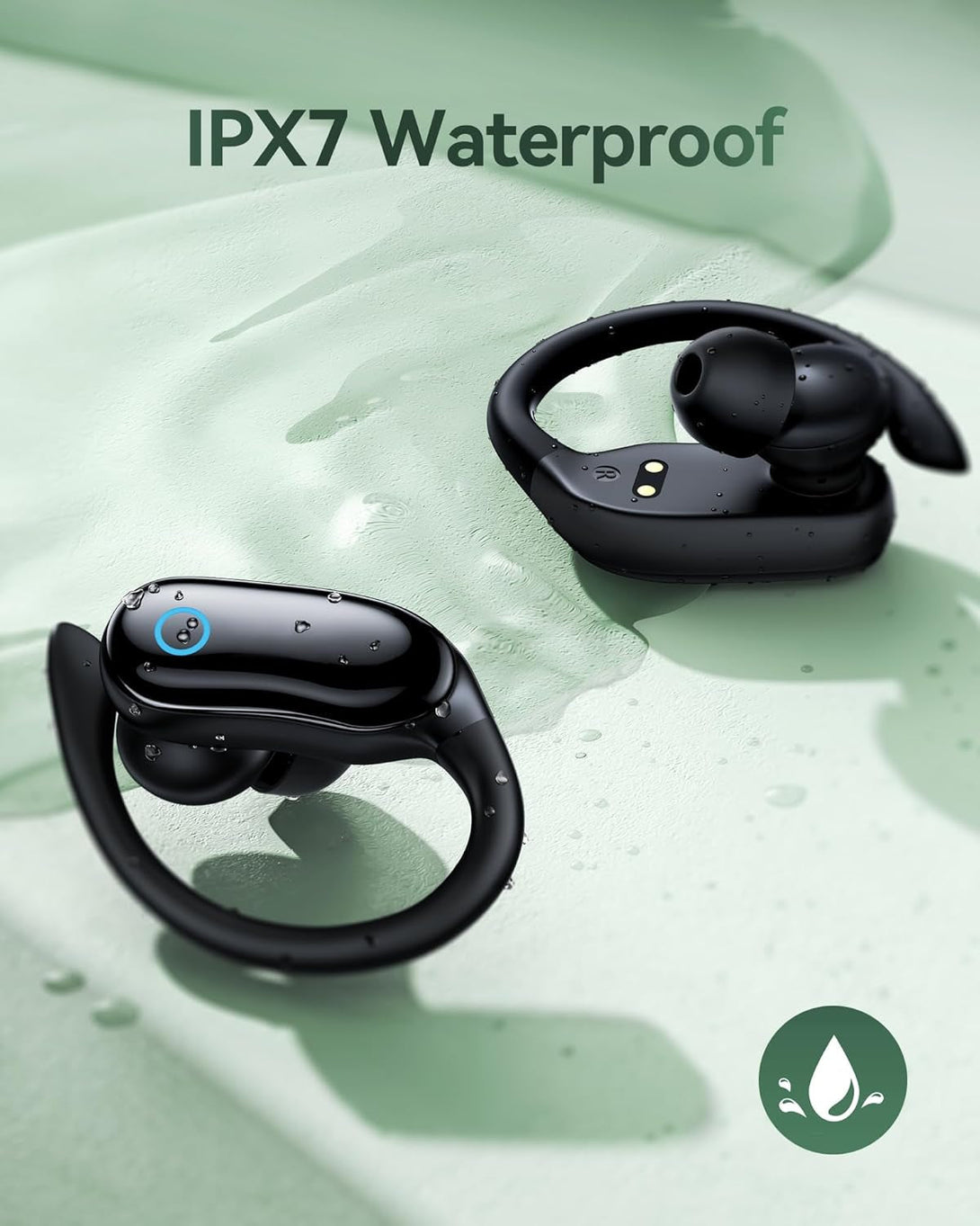 GNMN Ear Buds Wireless Earbuds 96Hrs Playback Bluetooth Headphones IPX7 Waterproof Stereo Bass Over-Ear Earphones with Earhooks Microphone LED Battery Display for Sports/Workout/Gym/Running Black