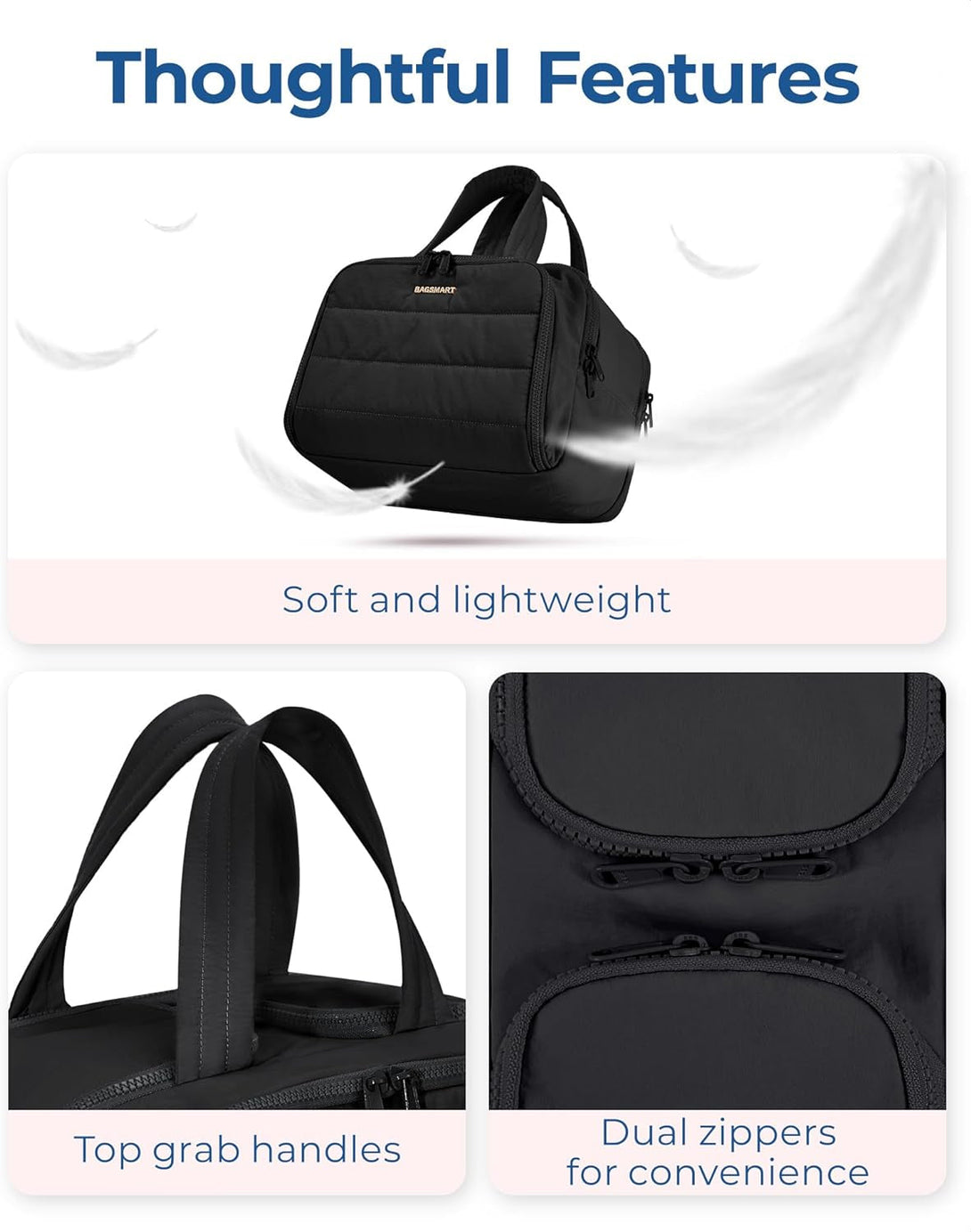 BAGSMART Travel Toiletry Bag, Lightweight Large Wide-Open Travel Bag for Women, Puffy Cosmetic Makeup Bag Organizer with Handle for Accessories,Essentials, Toiletries, Black