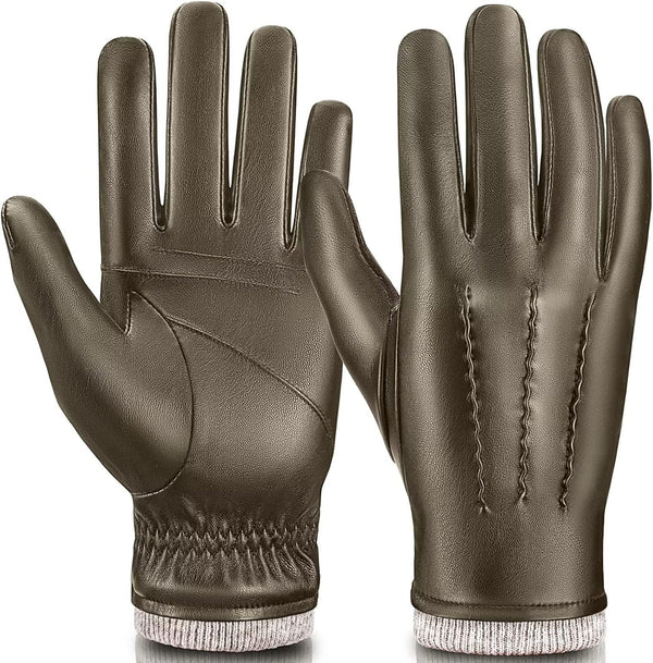 Mens Leather Gloves Touchscreen Texting, Winter Gloves Men Warm Thermal Wool Fleece Lined, Driving Gloves Anti-Slip