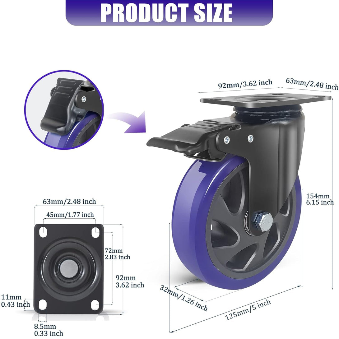 5 Inch Caster Wheels with Brake, Heavy Duty Casters Set of 4 2200Lbs, Swivel Casters with Double Ball Bearings, Dual Locking Casters,Wheels for Cart,Furniture,Cabinets,Workbench (Two Hardware Kits