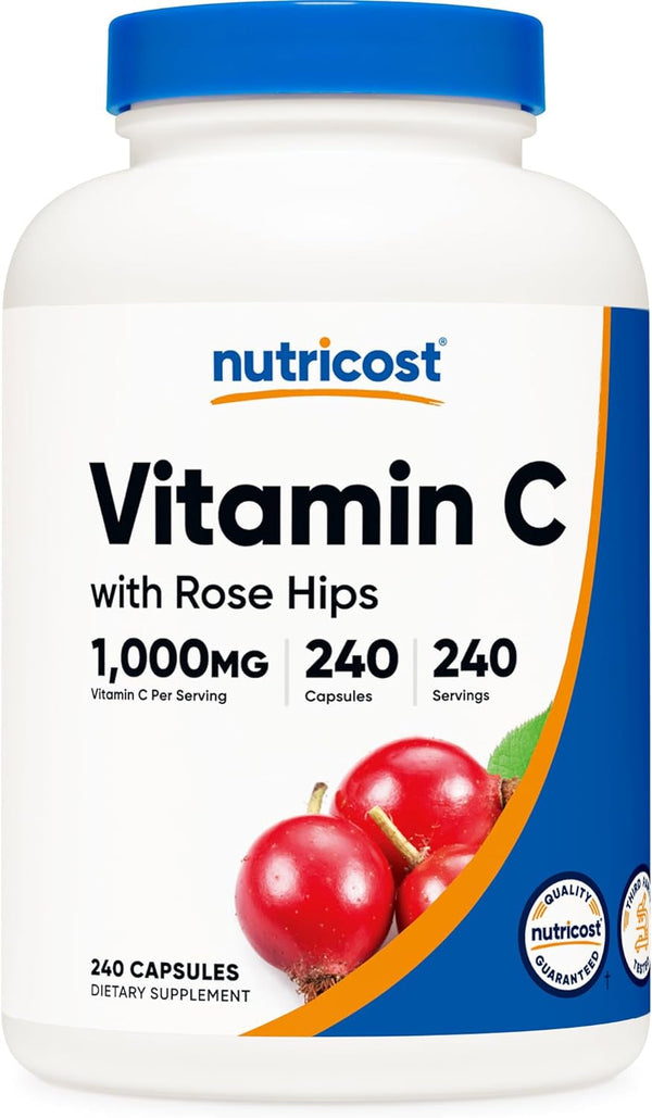 Nutricost Vitamin C with Rose HIPS 1025Mg, 240 Capsules - Vitamin C 1,000Mg, Rose HIPS 25Mg, Premium, Non-Gmo, Gluten Free Supplement